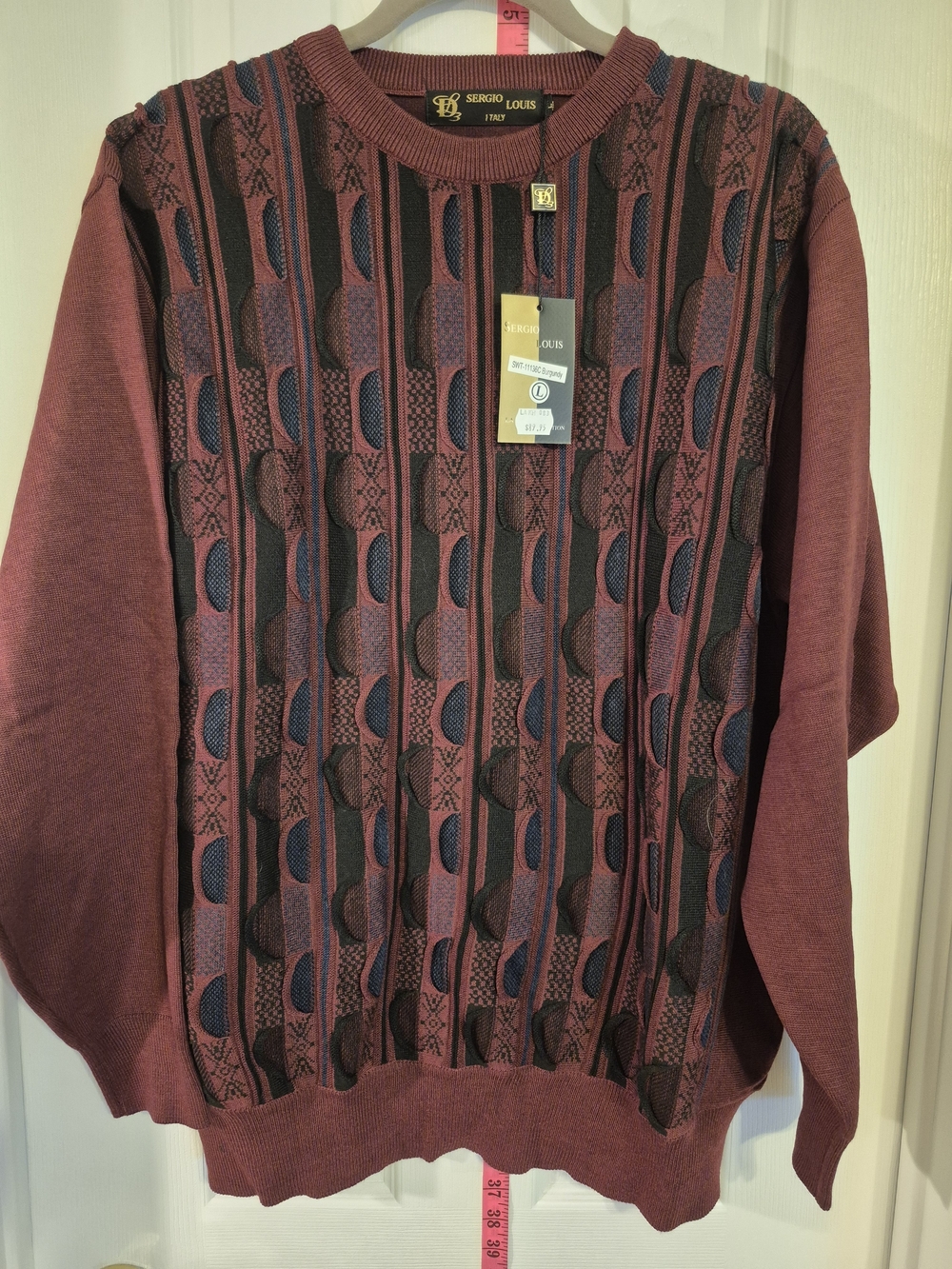 Vintage NWT Sergio Louis Italy Men's Burgundy Patterned 3D Sweater Large